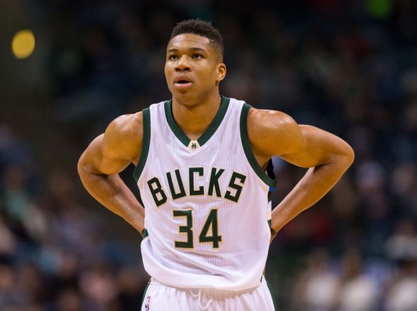 Feb 11, 2016; Milwaukee, WI, USA; Milwaukee Bucks forward Giannis Antetokounmpo (34) during the game against the Washington Wizards at BMO Harris Bradley Center. Milwaukee won 99-92. Mandatory Credit: Jeff Hanisch-USA TODAY Sports