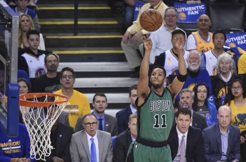 April 1, 2016; Oakland, CA, USA; Boston Celtics guard Evan Turner (11) shoots the basketball against the Golden State Warriors during the first quarter at Oracle Arena. Mandatory Credit: Kyle Terada-USA TODAY Sports