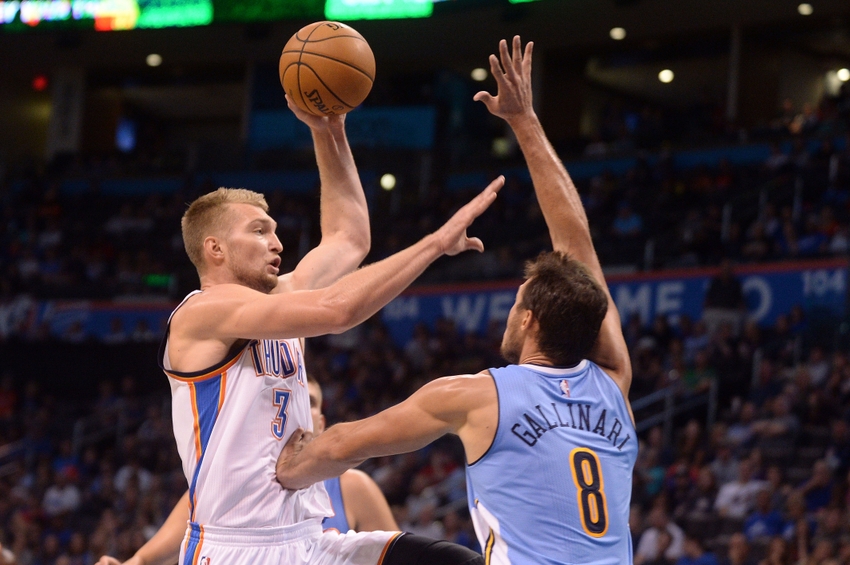 Oct 18, 2016; Oklahoma City, OK, USA; Oklahoma City Thunder forward Domantas Sabonis (3) shoots the ball in front of Denver Nuggets forward Danilo Gallinari (8) during the third quarter at Chesapeake Energy Arena. Mandatory Credit: Mark D. Smith-USA TODAY Sports