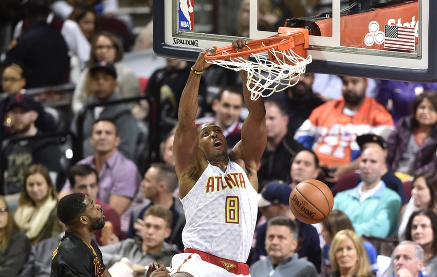 Nov 8, 2016; Cleveland, OH, USA; Atlanta Hawks center Dwight Howard (8) dunks the ball in the second quarter against the Cleveland Cavaliers at Quicken Loans Arena. Mandatory Credit: David Richard-USA TODAY Sports