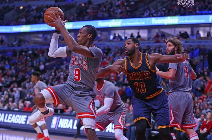 Dec 2, 2016; Chicago, IL, USA; Chicago Bulls guard Rajon Rondo (9) grabs a rebound over Cleveland Cavaliers center Tristan Thompson (13) during the second half at the United Center. Chicago won 111-105. Mandatory Credit: Dennis Wierzbicki-USA TODAY Sports