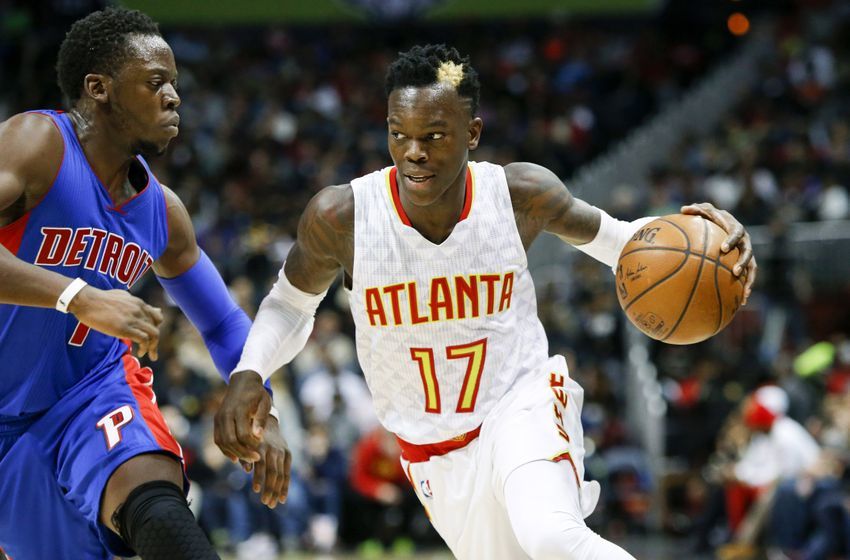 Dec 30, 2016; Atlanta, GA, USA; Atlanta Hawks guard Dennis Schroder (17) drives against Detroit Pistons guard Reggie J ackson (1) in the third quarter at Philips Arena. The Hawks won 105-98. Mandatory Credit: Brett Davis-USA TODAY Sports