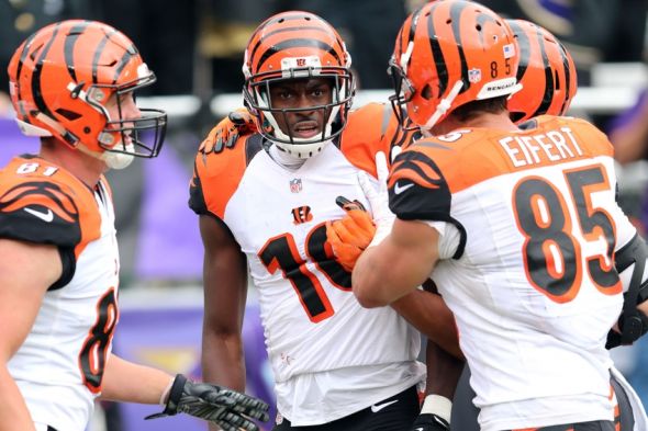 Sep 27, 2015; Baltimore, MD, USA; Cincinnati Bengals wide receiver A.J. Green (18) is congratulated after his touchdown against the Baltimore Ravens at M&T Bank Stadium. Mandatory Credit: Mitch Stringer-USA TODAY Sports