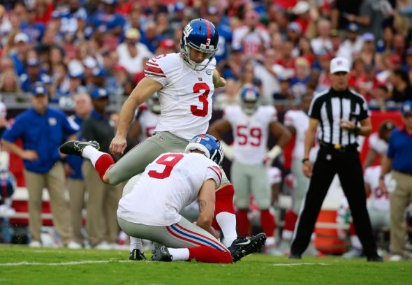 Nov 8, 2015; Tampa, FL, USA; New York Giants kicker Josh Brown (3) kicks a field goal against the Tampa Bay Buccaneers during the first quarter at Raymond James Stadium. Mandatory Credit: Kim Klement-USA TODAY Sports