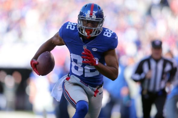 Dec 20, 2015; East Rutherford, NJ, USA; New York Giants wide receiver Rueben Randle (82) scores a touchdown against the Carolina Panthers during the first quarter at MetLife Stadium. Mandatory Credit: Brad Penner-USA TODAY Sports