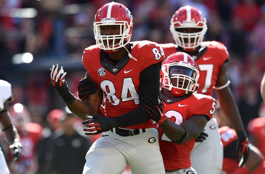 Oct 4, 2014; Athens, GA, USA; Georgia Bulldogs linebacker Leonard Floyd (84) reacts with linebacker Amarlo Herrera (52) after a sack against the Vanderbilt Commodores during the first half at Sanford Stadium. Georgia defeated Vanderbilt 44-17. Mandatory Credit: Dale Zanine-USA TODAY Sports