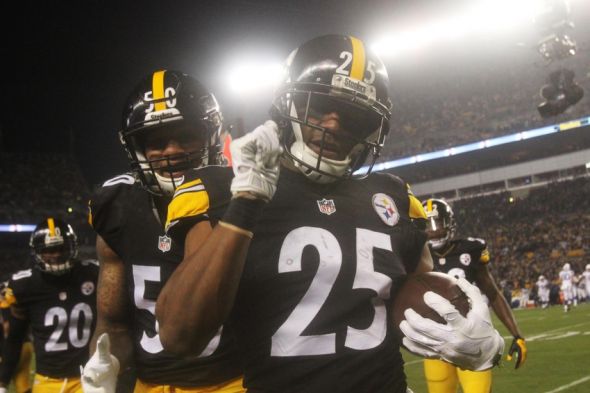 Dec 6, 2015; Pittsburgh, PA, USA; Pittsburgh Steelers cornerback Brandon Boykin (25) celebrates his interception with linebacker Ryan Shazier (50) against the Indianapolis Colts during the first half at Heinz Field. Mandatory Credit: Jason Bridge-USA TODAY Sports