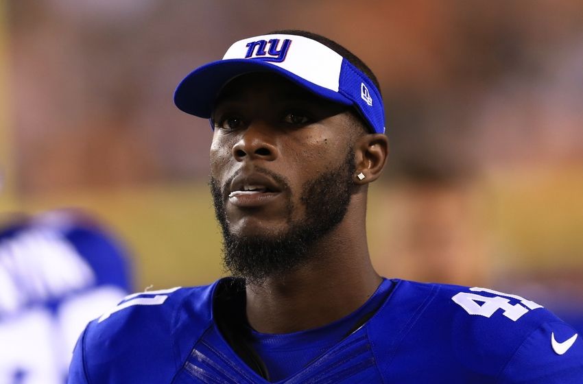 Aug 14, 2015; Cincinnati, OH, USA; New York Giants cornerback Dominique Rodgers-Cromartie (41) in a preseason NFL football game against the Cincinnati Bengals at Paul Brown Stadium. Mandatory Credit: Andrew Weber-USA TODAY Sports