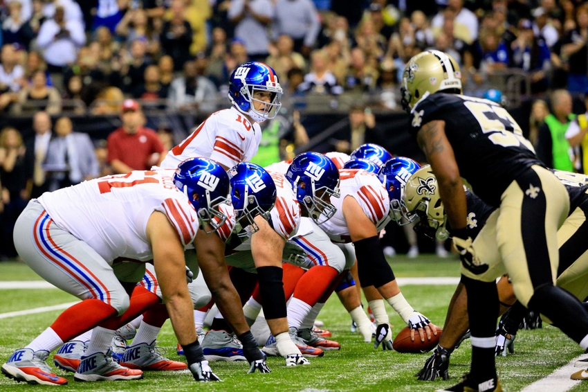 Nov 1, 2015; New Orleans, LA, USA; New York Giants quarterback Eli Manning (10) at the line against the New Orleans Saints during the first half of a game at the Mercedes-Benz Superdome. The Saints defeated the Giants 52-49. Mandatory Credit: Derick E. Hingle-USA TODAY Sports