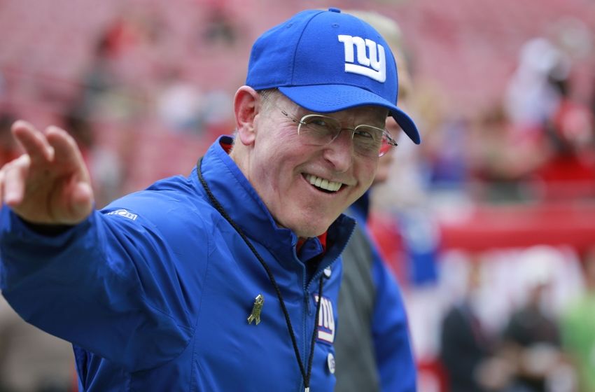 Nov 8, 2015; Tampa, FL, USA; New York Giants head coach Tom Coughlin smiles prior to the game against the Tampa Bay Buccaneers at Raymond James Stadium. Mandatory Credit: Kim Klement-USA TODAY Sports