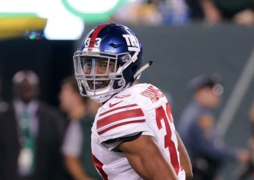 Aug 27, 2016; East Rutherford, NJ, USA; New York Giants defensive back Andrew Adams (33) celebrates after an interception against the New York Jets during the second half at MetLife Stadium. The Giants won 21-20. Mandatory Credit: Vincent Carchietta-USA TODAY Sports