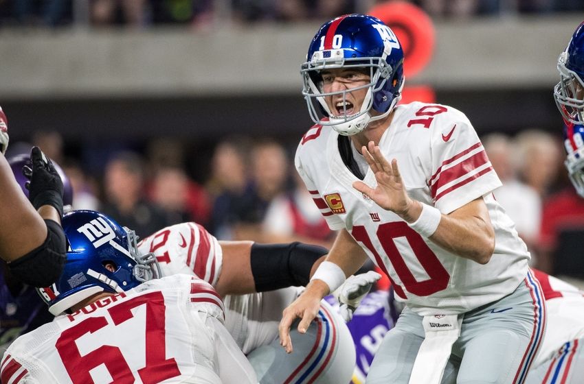 Oct 3, 2016; Minneapolis, MN, USA; New York Giants quarterback Eli Manning (10) changes the play during the first quarter against the Minnesota Vikings at U.S. Bank Stadium. Mandatory Credit: Brace Hemmelgarn-USA TODAY Sports