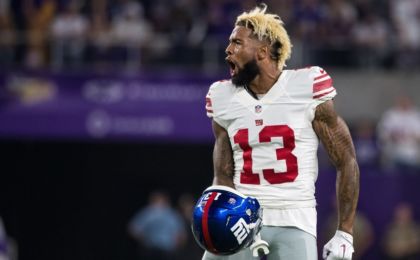 Oct 3, 2016; Minneapolis, MN, USA; New York Giants wide receiver Odell Beckham Jr. (13) argues a call during the second quarter against the Minnesota Vikings at U.S. Bank Stadium. Mandatory Credit: Brace Hemmelgarn-USA TODAY Sports