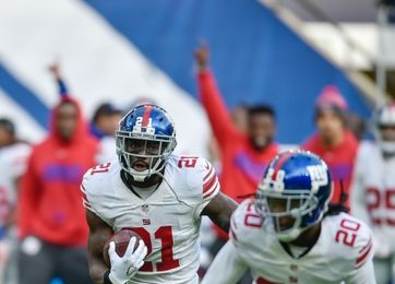 Oct 23, 2016; London, United Kingdom; New York Giants strong safety Landon Collins (21) returns an interception for a touchdown during the first half against the Los Angeles Rams at Twickenham Stadium. Mandatory Credit: Steve Flynn-USA TODAY Sports