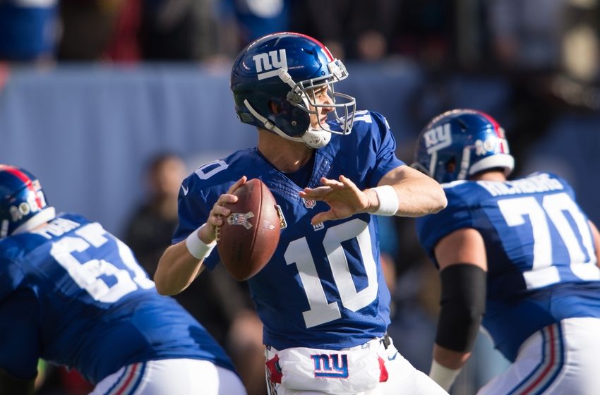 Nov 6, 2016; East Rutherford, NJ, USA; New York Giants quarterback Eli Manning (10) throws the ball against the Philadelphia Eagles during the first half at MetLife Stadium. Mandatory Credit: William Hauser-USA TODAY Sports
