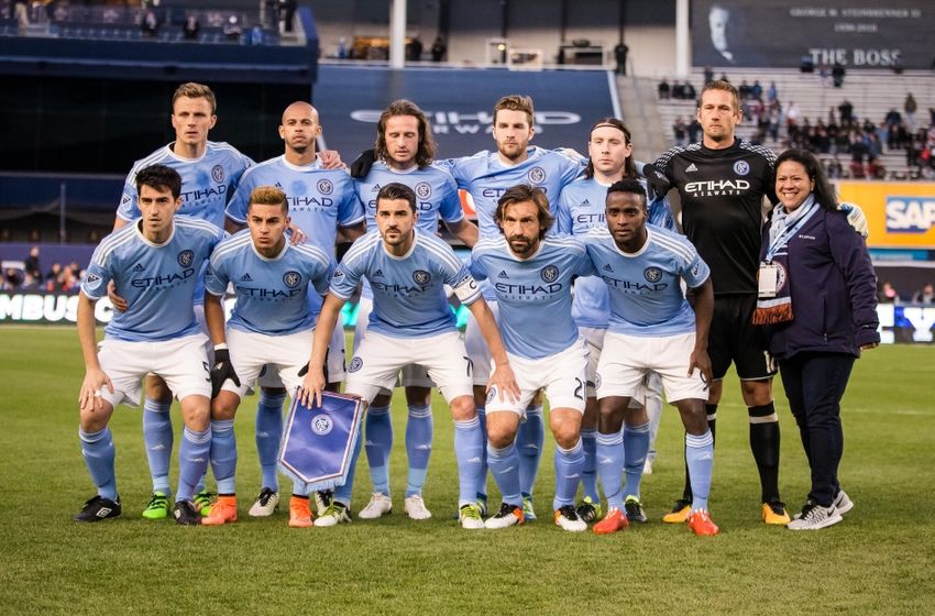 Apr 10, 2016; New York, NY, USA; New York City FC players pose for a photo before the match against the Chicago Fire at Yankee Stadium. NYCFC and Chicago played to a 0-0 tie. Mandatory Credit: Vincent Carchietta-USA TODAY Sports