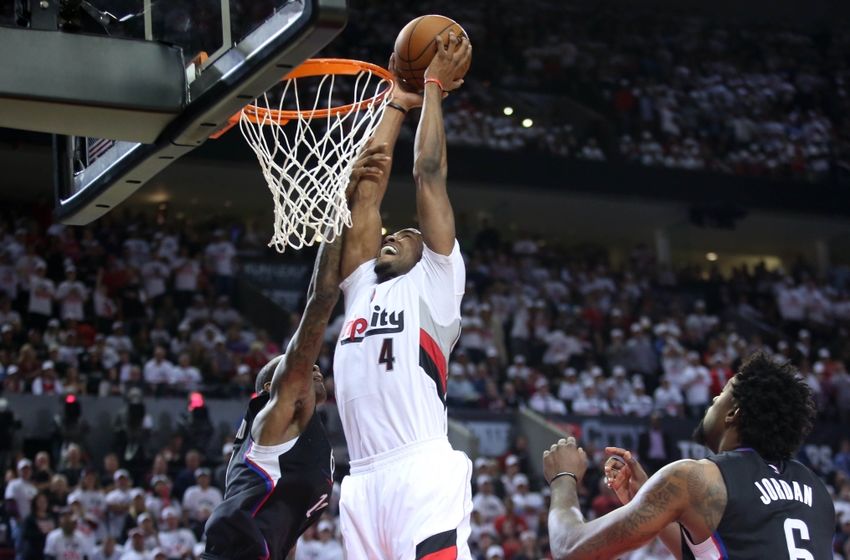 Apr 23, 2016; Portland, OR, USA; Portland Trail Blazers forward Maurice Harkless (4) dunks over Los Angeles Clippers guard Jamal Crawford (11) in the second half in game three of the first round of the NBA Playoffs at Moda Center at the Rose Quarter. Mandatory Credit: Jaime Valdez-USA TODAY Sports