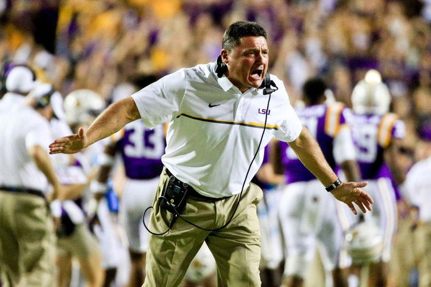 Oct 15, 2016; Baton Rouge, LA, USA; LSU Tigers head coach Ed Orgeron during the first quarter of a game against the Southern Miss Golden Eagles at Tiger Stadium. Mandatory Credit: Derick E. Hingle-USA TODAY Sports