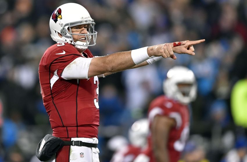 Jan 24, 2016; Charlotte, NC, USA; Arizona Cardinals quarterback Carson Palmer (3) signals at the line of scrimmage during the third quarter against the Carolina Panthers in the NFC Championship football game at Bank of America Stadium. Mandatory Credit: Bob Donnan-USA TODAY Sports