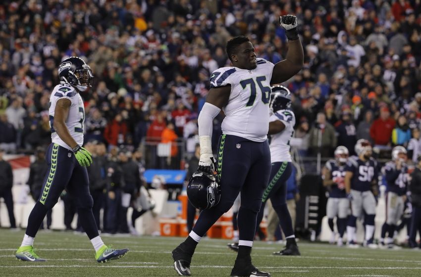 Nov 13, 2016; Foxborough, MA, USA; Seattle Seahawks offensive guard Germain Ifedi (76) reacts after defeating the New England Patriots at Gillette Stadium. Seattle Seahawks defeated the Patriots 31-24. Mandatory Credit: David Butler II-USA TODAY Sports