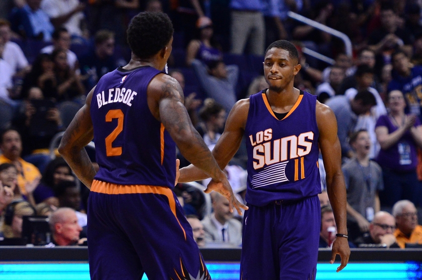 Nov 2, 2016; Phoenix, AZ, USA; Phoenix Suns guard Brandon Knight (11) high fives guard Eric Bledsoe (2) during the second half of the game against the Portland Trail Blazers at Talking Stick Resort Arena. The Suns defeated the Trail Blazers 118-115. Mandatory Credit: Jennifer Stewart-USA TODAY Sports