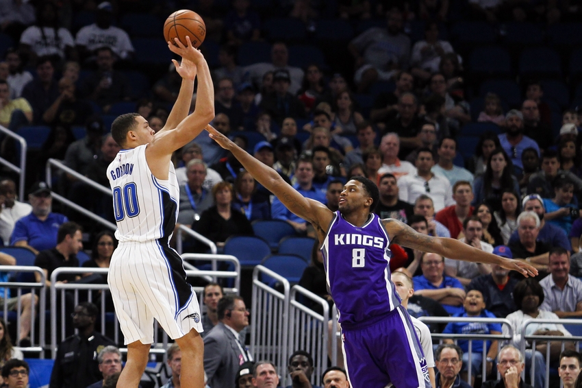 Nov 3, 2016; Orlando, FL, USA; Orlando Magic forward Aaron Gordon (00) takes a shot in the second quarter as Sacramento Kings forward Rudy Gay (8) defends at Amway Center. Mandatory Credit: Logan Bowles-USA TODAY Sports