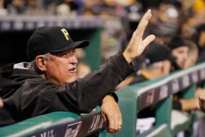 Oct 7, 2015; Pittsburgh, PA, USA; Pittsburgh Pirates manager Clint Hurdle (13) gestures in the dugout against the Chicago Cubs during the sixth inning in the National League Wild Card playoff baseball game at PNC Park. The Cubs won 4-0. Mandatory Credit: Charles LeClaire-USA TODAY Sports
