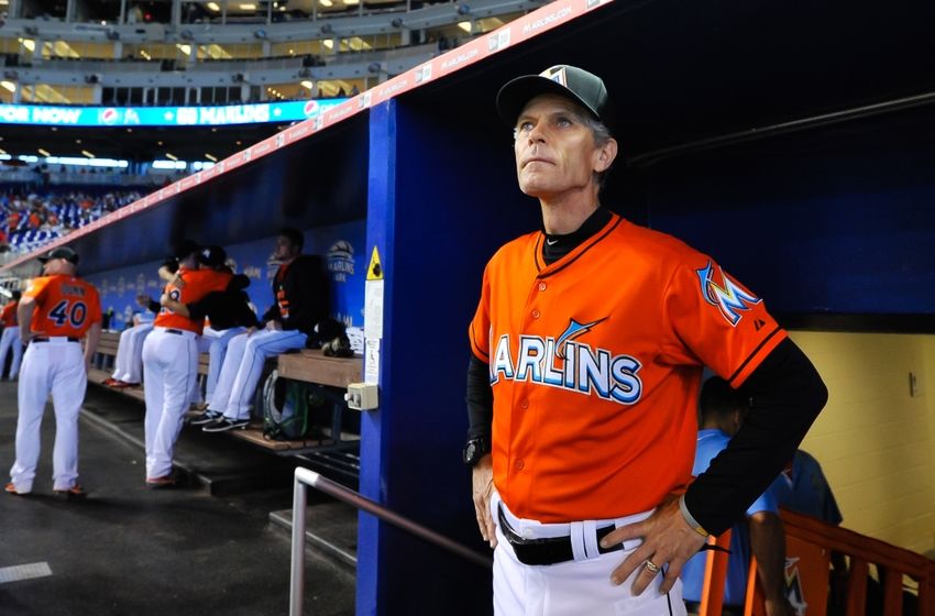 May 24, 2015; Miami, FL, USA; Miami Marlins third base coach Brett Butler (2) looks on from the dugout prior to a game against the Baltimore Orioles at Marlins Park. Mandatory Credit: Steve Mitchell-USA TODAY Sports