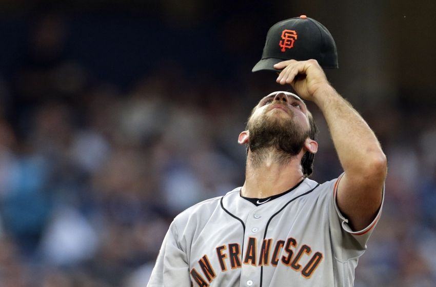 Jul 22, 2016; Bronx, NY, USA; San Francisco Giants starting pitcher Madison Bumgarner (40) reacts during the second inning of an inter-league baseball game against the New York Yankees at Yankee Stadium. Mandatory Credit: Adam Hunger-USA TODAY Sports