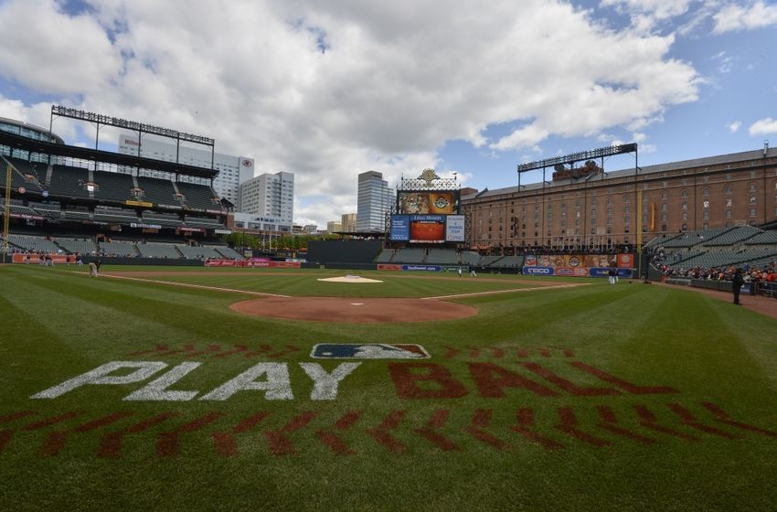May 15, 2016; Baltimore, MD, USA; A general view of the Major League Baseball "Play Ball" logo on the field before the start of the game between the Baltimore Orioles and the Detroit Tigers at Oriole Park at Camden Yards. Mandatory Credit: Tommy Gilligan-USA TODAY Sports
