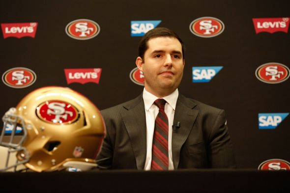 Jan 15, 2015; Santa Clara, CA, USA; San Francisco 49ers owner Jed York looks on during a press conference to introduce Jim Tomsula as head coach of the San Francisco 49ers at Levi's Stadium Auditorium. Mandatory Credit: Kelley L Cox-USA TODAY Sports