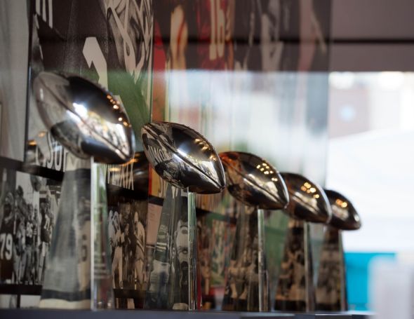 Sep 10, 2015; San Francisco, CA, USA; Vince Lombardi Trophies from San Francisco 49ers Super Bowl victories on display at Justin Herman Plaza. Mandatory Credit: Kelley L Cox-USA TODAY Sports
