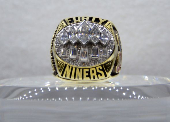 Jan 29, 2015; Phoenix, AZ, USA; General view of Super Bowl XXIX championship ring to commemorate the San Francisco 49ers 49-26 victory over the San Diego Chargers on January 29, 1995 on display at the NFL Experience at the Phoenix Convention Center. Mandatory Credit: Kirby Lee-USA TODAY Sport