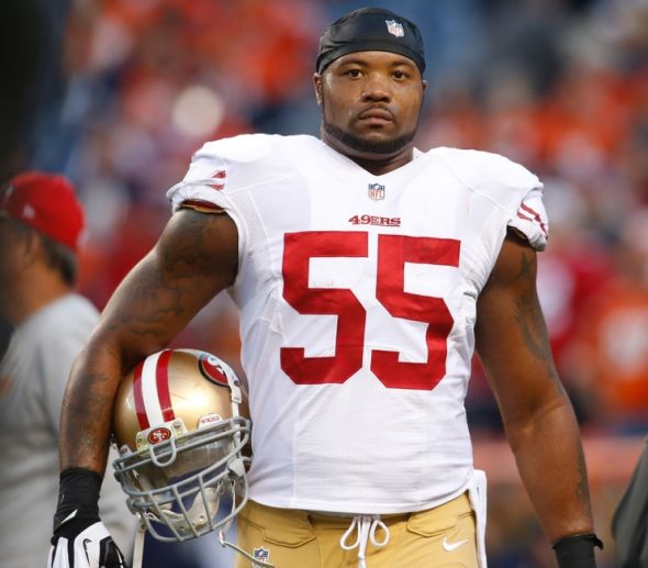 Oct 19, 2014; Denver, CO, USA; San Francisco 49ers outside linebacker Ahmad Brooks (55) before the game against the Denver Broncos at Sports Authority Field at Mile High. Mandatory Credit: Chris Humphreys-USA TODAY Sports