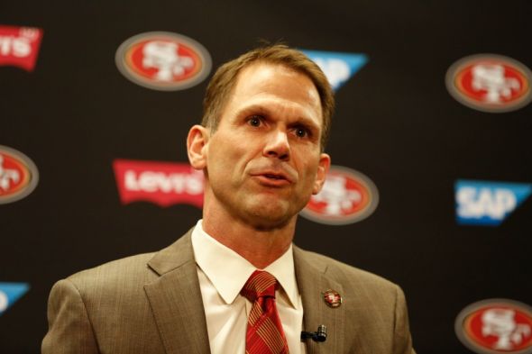 Jan 15, 2015; Santa Clara, CA, USA; San Francisco 49ers general manager Trent Baalke during a press conference to introduce Jim Tomsula as head coach of the San Francisco 49ers at Levi's Stadium Auditorium. Mandatory Credit: Kelley L Cox-USA TODAY Sports