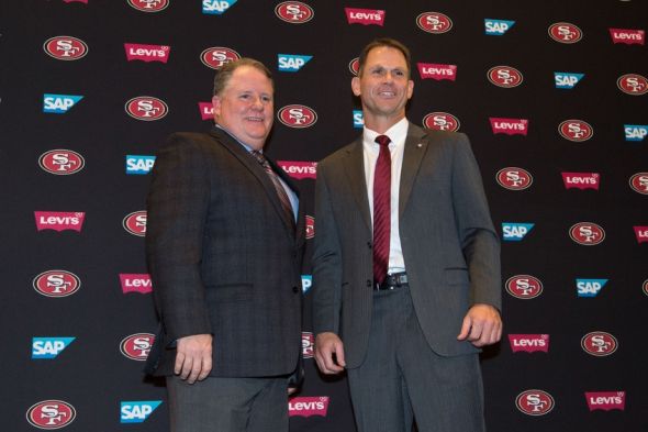 January 20, 2016; Santa Clara, CA, USA; Chip Kelly (left) and San Francisco 49ers general manager Trent Baalke (right) pose for a photo in a press conference after naming Kelly as the new head coach for the San Francisco 49ers at Levi's Stadium Auditorium. Mandatory Credit: Kyle Terada-USA TODAY Sports