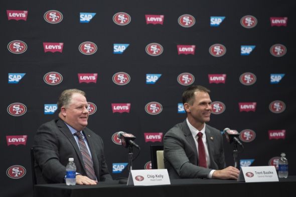 January 20, 2016; Santa Clara, CA, USA; Chip Kelly (left) and San Francisco 49ers general manager Trent Baalke (right) address the media in a press conference after naming Kelly as the new head coach for the 49ers at Levi's Stadium Auditorium. Mandatory Credit: Kyle Terada-USA TODAY Sports