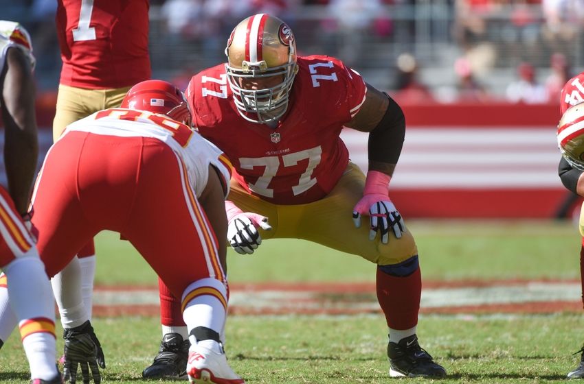 October 5, 2014; Santa Clara, CA, USA; San Francisco 49ers guard Mike Iupati (77) lines up during the third quarter against the Kansas City Chiefs at Levi's Stadium. The 49ers defeated the Chiefs 22-17. Mandatory Credit: Kyle Terada-USA TODAY Sports