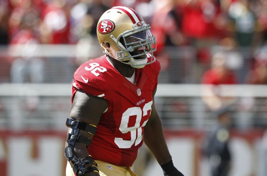 Oct 4, 2015; Santa Clara, CA, USA; San Francisco 49ers defensive end Quinton Dial (92) reacts after making a tackle against the Green Bay Packers in the first quarter at Levi's Stadium. Mandatory Credit: Cary Edmondson-USA TODAY Sports