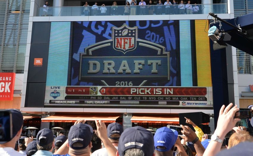 Apr 28, 2016; Los Angeles, CA, USA; Los Angeles Rams fans await the announcement of quarterback Jared Goff as the No. 1 pick in the 2016 NFL Draft at draft party at L.A. Live. Mandatory Credit: Kirby Lee-USA TODAY Sports
