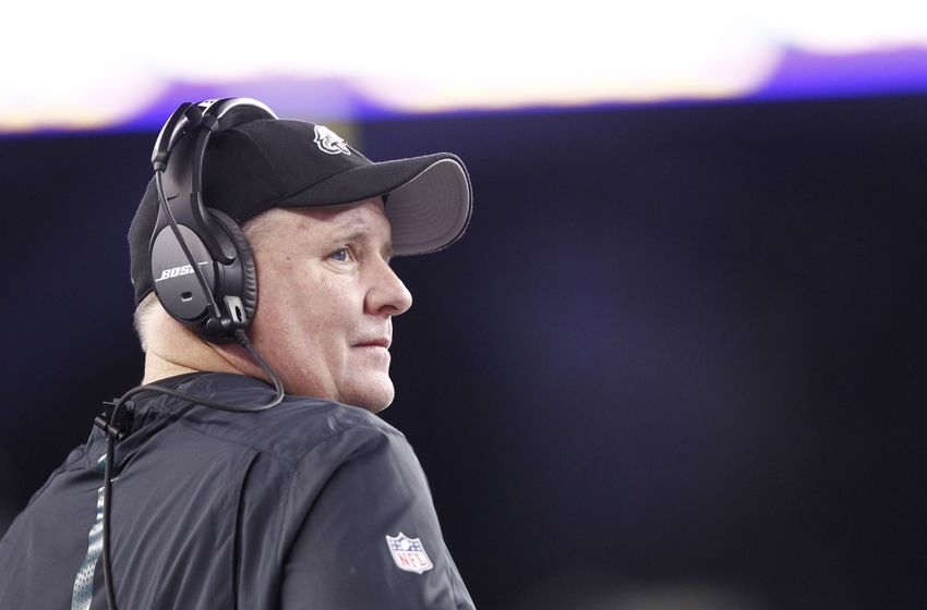 Dec 6, 2015; Foxborough, MA, USA; Philadelphia Eagles head coach Chip Kelly looks on from the sidelines during the second half against the New England Patriots at Gillette Stadium. Mandatory Credit: Mark L. Baer-USA TODAY Sports