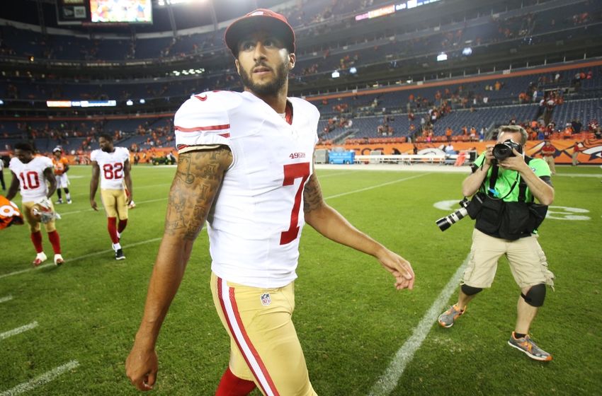 Aug 29, 2015; Denver, CO, USA; San Francisco 49ers quarterback Colin Kaepernick (7) walks off the field after the game against the Denver Broncos at Sports Authority Field at Mile High. The Broncos won 19-12. Mandatory Credit: Chris Humphreys-USA TODAY Sports