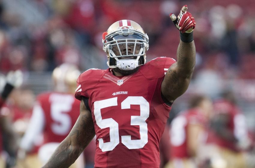 Dec 20, 2015; Santa Clara, CA, USA; San Francisco 49ers inside linebacker NaVorro Bowman (53) celebrates after the 49ers recovered an onside kick during the fourth quarter at Levi's Stadium. The Cincinnati Bengals defeated the San Francisco 49ers 24-14. Mandatory Credit: Ed Szczepanski-USA TODAY Sports