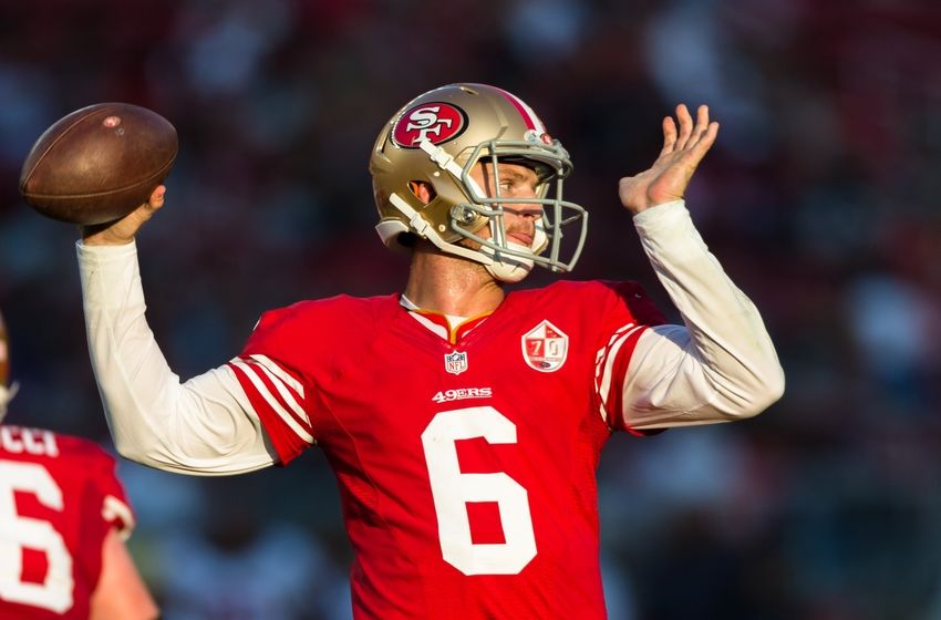 Aug 14, 2016; Santa Clara, CA, USA; San Francisco 49ers quarterback Jeff Driskel (6) passes against the Houston Texans in the fourth quarter at Levi's Stadium. The Texans won 24-13. Mandatory Credit: John Hefti-USA TODAY Sports