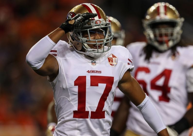 Aug 20, 2016; Denver, CO, USA; San Francisco 49ers wide receiver Dres Anderson (17) celebrates a touchdown against the Denver Broncos during the fourth quarter at Sports Authority Field at Mile High. The 49ers beat the Broncos 31-24. Mandatory Credit: Troy Babbitt-USA TODAY Sports