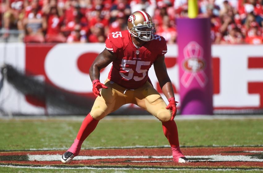 October 5, 2014; Santa Clara, CA, USA; San Francisco 49ers outside linebacker Ahmad Brooks (55) defends during the first quarter against the Kansas City Chiefs at Levi's Stadium. Mandatory Credit: Kyle Terada-USA TODAY Sports