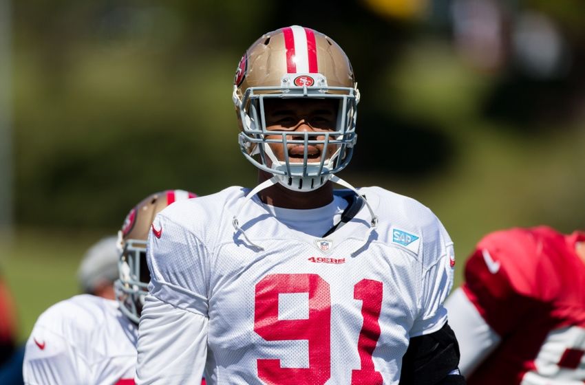Aug 10, 2016; San Francisco, CA, USA; San Francisco 49ers defensive end Arik Armstead (91) during training camp at Kezar Stadium. Mandatory Credit: John Hefti-USA TODAY Sports