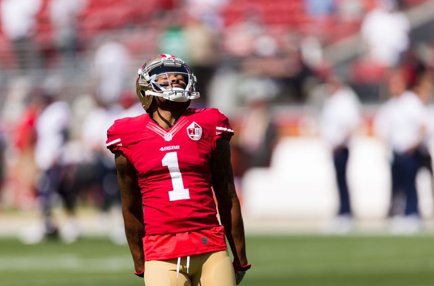 Aug 14, 2016; Santa Clara, CA, USA; San Francisco 49ers wide receiver Bryce Treggs (1) warms up before the game against the Houston Texans at Levi's Stadium. Houston defeated San Francisco 24-13. Mandatory Credit: John Hefti-USA TODAY Sports