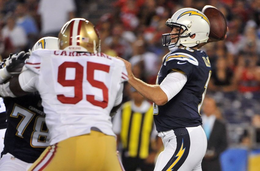 Sep 1, 2016; San Diego, CA, USA; San Diego Chargers quarterback Kellen Clemens (10) throws a pass as he is pressured by San Francisco 49ers defensive tackle Tank Carradine (95) during the first half of the game at Qualcomm Stadium. Mandatory Credit: Orlando Ramirez-USA TODAY Sports