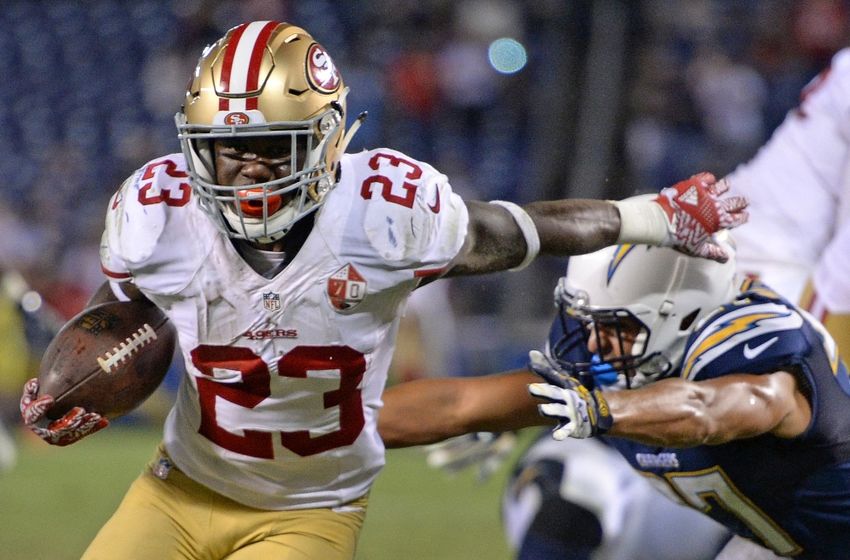 Sep 1, 2016; San Diego, CA, USA; San Francisco 49ers running back Kelvin Taylor (23) runs for a touchdown as San Diego Chargers running back Kenneth Farrow (27) defends during the fourth quarter at Qualcomm Stadium. Mandatory Credit: Jake Roth-USA TODAY Sports